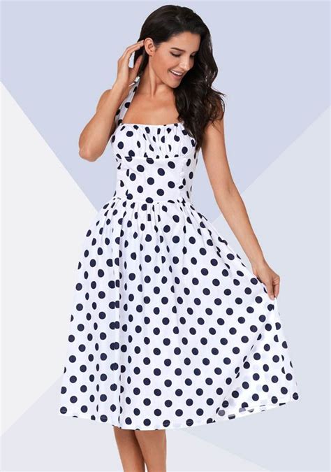 Women White Vintage Sleeveless Backless Polka Dot Midi Dress Shop For Unique Design Clothing
