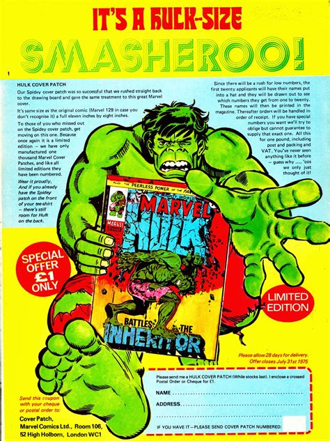 Starlogged Geek Media Again 1975 Hulk Cover Patch Ad Marvel Uk