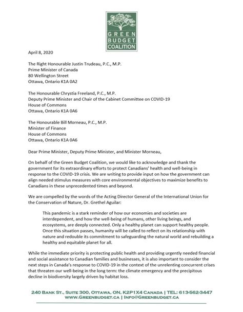 Green Budget Coalition’s April 2020 Letter To Prime Minister Trudeau David Suzuki Foundation