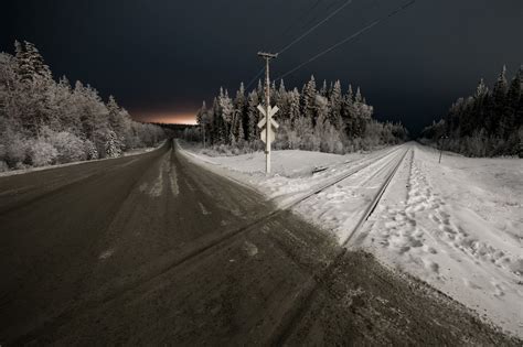Railway Crossing Night Landscape Road Snow Trees