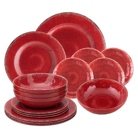 Gourmet Art 16 Piece Crackle Heavyweight And Durable Melamine Dinnerware Set Red Service For 4