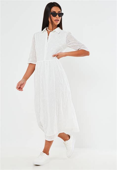 White Broderie Anglaise Smock Shirt Midi Dress | Missguided