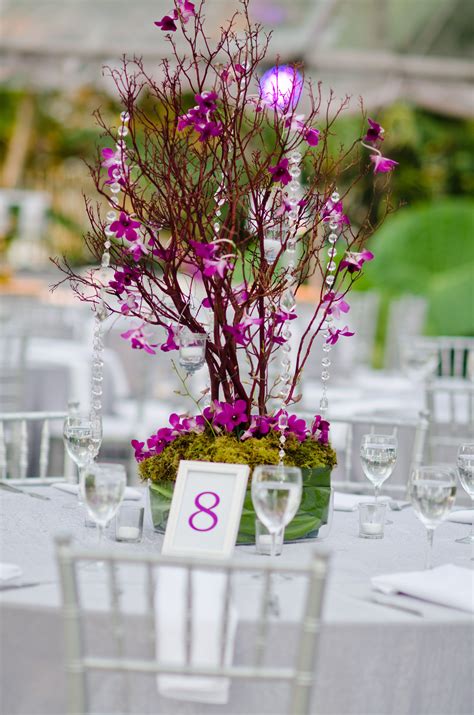 Tall Purple Orchid Centerpiece With Wood Accents