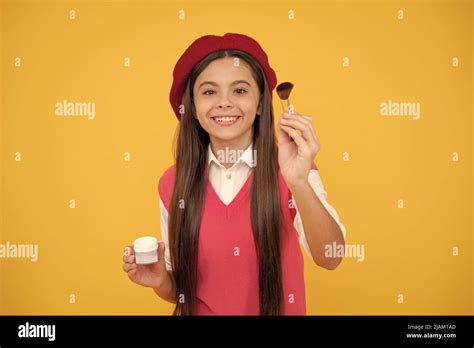 Happy Teen Girl In French Beret Apply Blush With Powder Bwush Selective Focus Cosmetic Stock