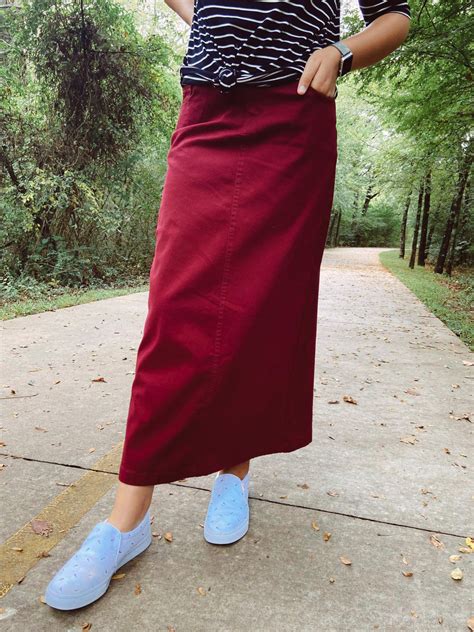 colored denim maxi length skirt burgundy final sale the klassy girl boutique