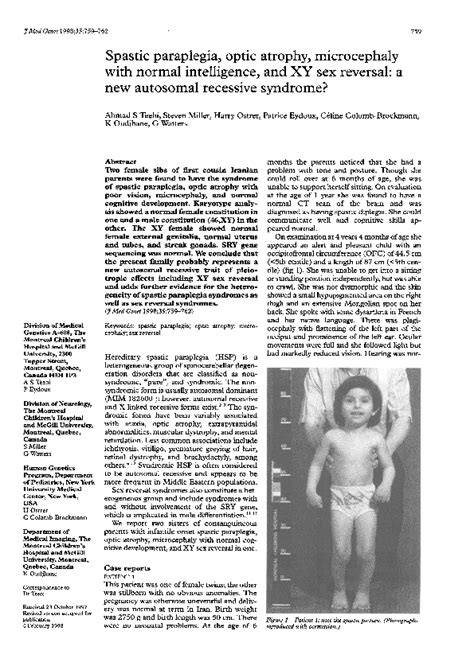 Pdf Spastic Paraplegia Optic Atrophy Microcephaly With Normal Intelligence And Xy Sex