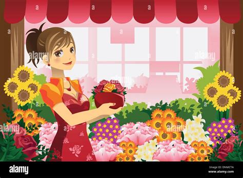 A Vector Illustration Of A Florist Girl Holding A Pot Of Flowers In The