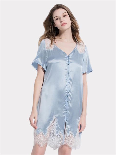 realsilklife 19 momme light blue lace silk nightgown