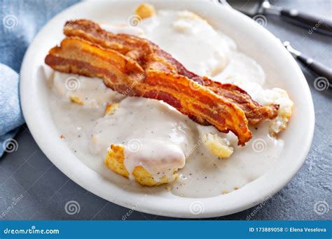 Biscuits And Gravy With Bacon For Breakfast Stock Photo Image Of Pork