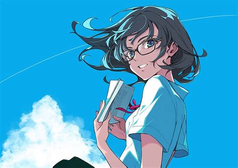 Free Download Hd Wallpaper Anime Anime Girls Sky Clouds Glasses Dark Hair Short Hair
