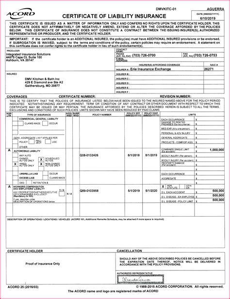 Acord Certificate Of Insurance Template