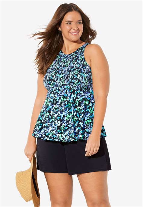 Smocked High Neck Tankini Top By Fit 4 U® Plus Size Swimwear Jessica