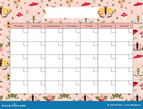 Cute Monthly Calendar Template Without Numbers Summer Vibe Cartoon