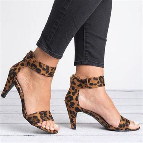 Plus Size 43 Ladies High Heels Sandals Ankle Strap Leopard Print Sexy