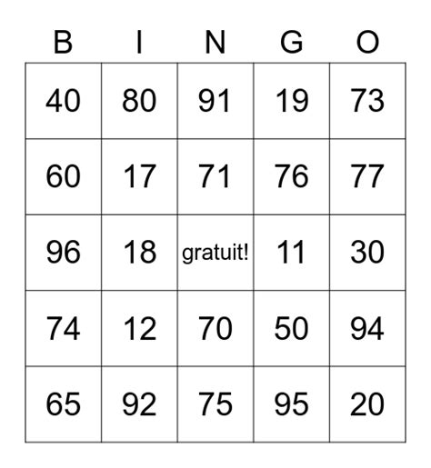 Nombres De 1 à 100 Bingo Card