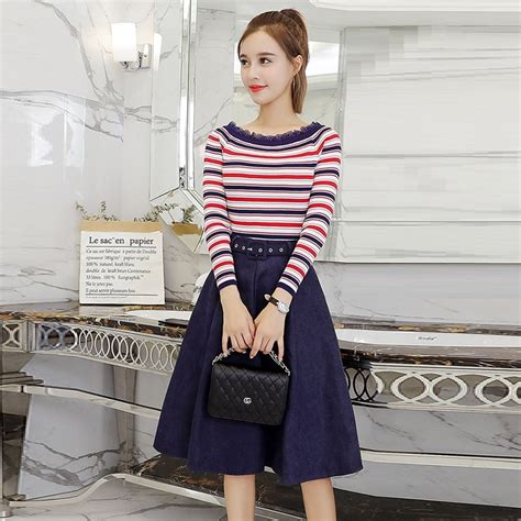 Two Piece Set Women Slash Neck Striped Knitted Sweater Skirts Sets 2018
