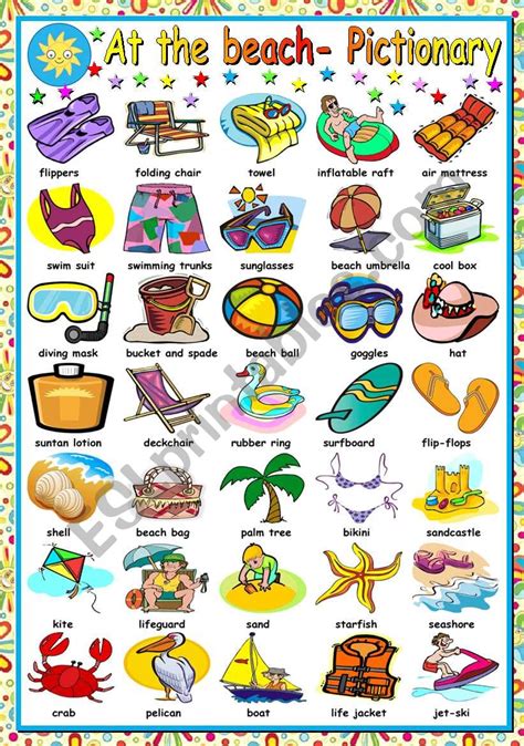 At The Beach Pictionary Bandw Version Included Esl Worksheet By Katiana