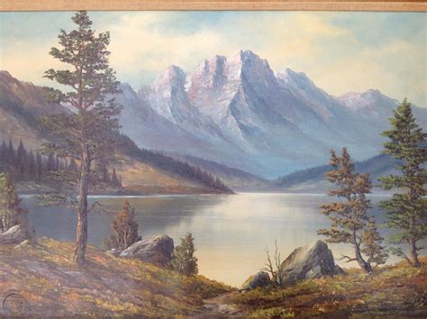 Olshof Mountain Lake Landscape Vintage Oil Painting 24 X 36 In Gilt