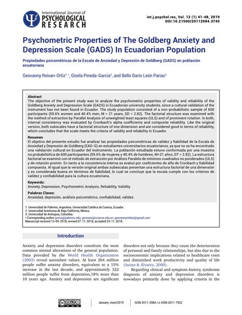 Pdf Psychometric Properties Of The Goldberg Anxiety And Depression