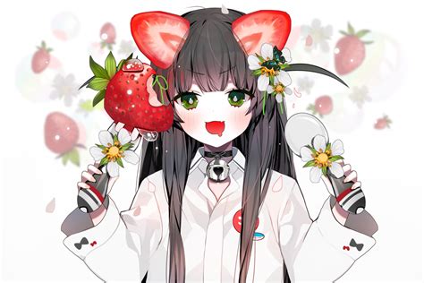 Bell Black Hair Blush Catgirl Cat Smile Collar Cropped Fang Flowers
