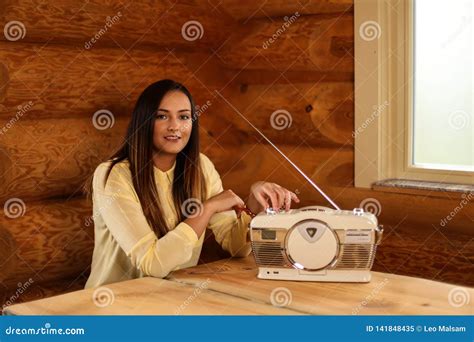 Portrait Of A Young Girl With Old Radio Stock Image Image Of Listen