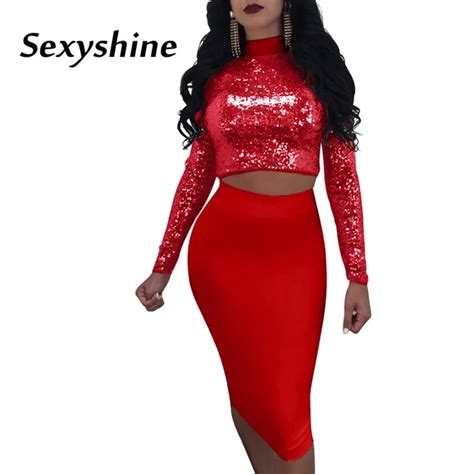 Sequined Mesh Crop Top Midi Skirt Set Women Club Party Long Sleeve Lace