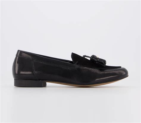 Office Retro Tassel Loafers Black Leather Suede Mix Flat Shoes For Women