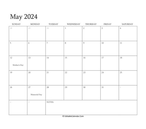 Download May 2024 Editable Calendar With Holidays Word Version