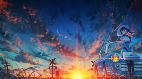 Download 1920x1080 Anime Landscape Sunset Scenery Sky Clouds Anime Girl Wallpapers For