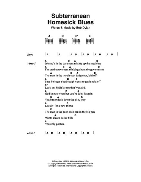 Bob Dylan Subterranean Homesick Blues Sheet Music Notes Download