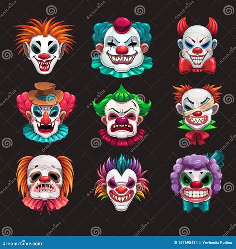 Creepy Clown Mouths Set Scary Smile With Jaws And Red Lips Cartoon