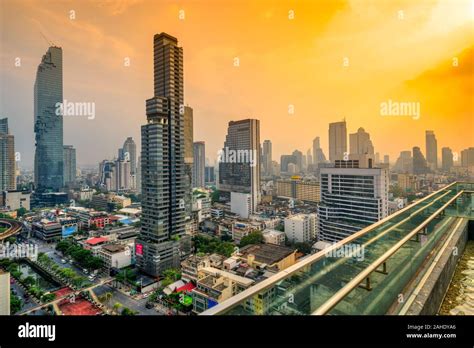Aerial View Of Bangkok Skyline At Sunset Bangkok Thailandia Stock