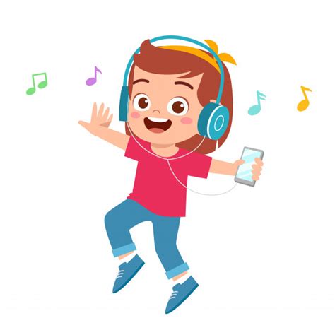 Illustration Of Happy Cute Girl Listen To Music Premium