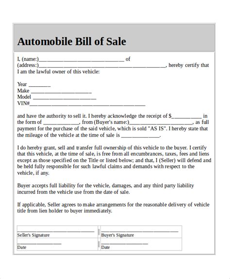 Sample Of A Vehicle Bill Of Sale