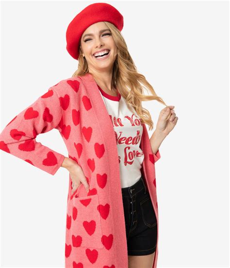 Pink And Red Hearts Open Long Cardigan Long Cardigan Valentine Outfits