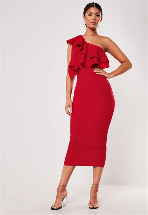 Red One Shoulder Ruffle Bodycon Midi Dress Missguided
