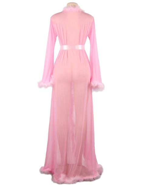 Sexy Sheer Marabou Trim Robe Set Pink Divas Fashions
