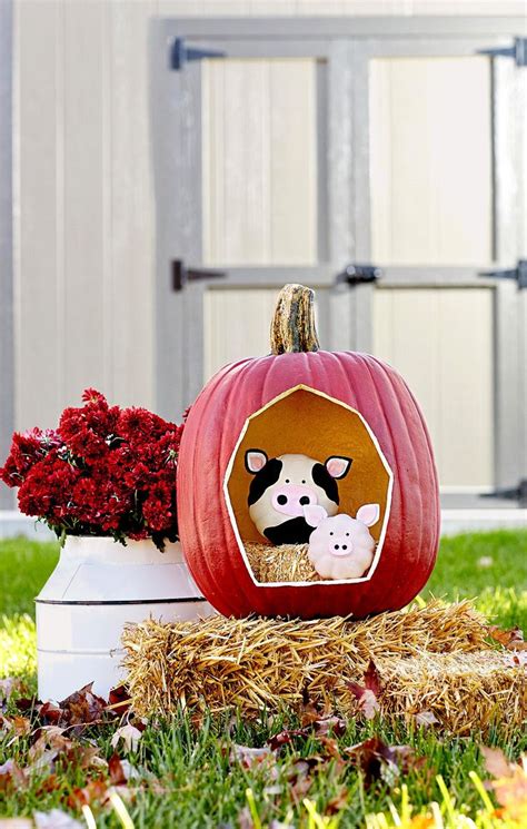 Hollowed Out Pumpkin Cow Pig Farm Scene C0e2f18a Cute Pumpkin Carving