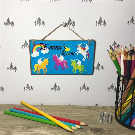 Personalised Bright Rainbow Unicorn Childrens Wooden Room Sign The
