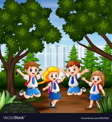 Cartoon Happy Kids In School Uniform At City Backg