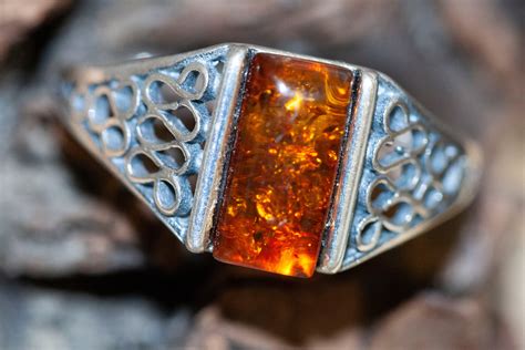 Baltic Amber Ring Sterling Silver Setting Silver Band Cognac Amber