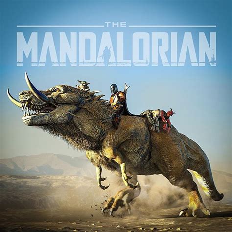 Mando And Baby Yoda Riding A Mythosaur Awesome Mandalorian Fanart By