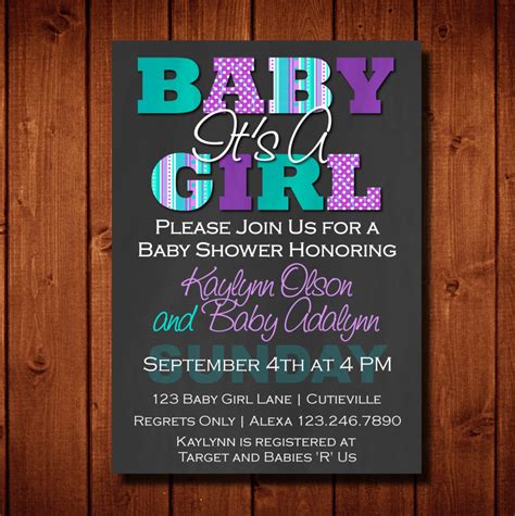 Opt for a toned down background, like in the third design, or create a patterned background with editor's shapes tool. Baby Shower Invitation It's a Girl Purple and Teal Digital