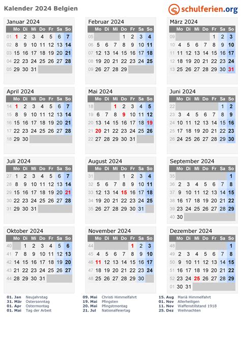 Kalender Belgien 2024 Mit Feiertage