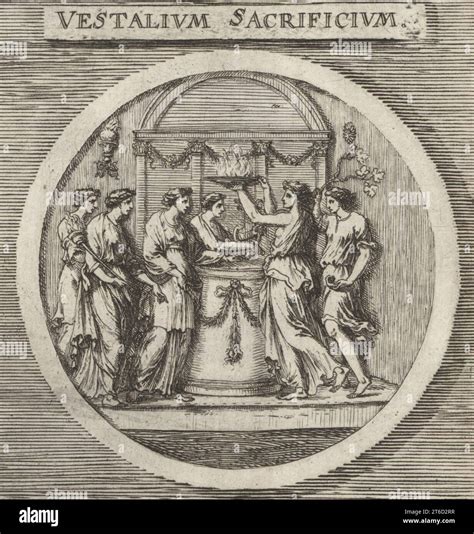 Virgins Making A Sacrifice At An Altar To The Roman Goddess Vesta Priestesses In Laurel Crowns
