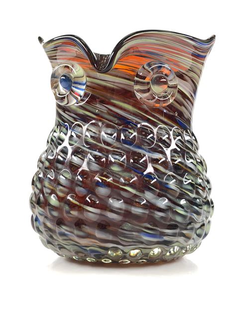 Lot Hand Blown Art Glass Multicolor Swirl Owl Vase