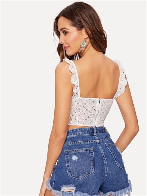 Shein Knot Front Embroidered Eyelet Crop Top Crop Tops Tops Crop Tops Women