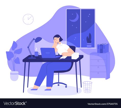 Woman Work Late At Night Tired Female Freelancer Vector Image