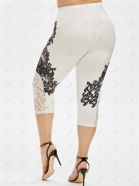OFF Printed Lace Panel High Waisted Plus Size Capri Leggings In WHITE DressLily