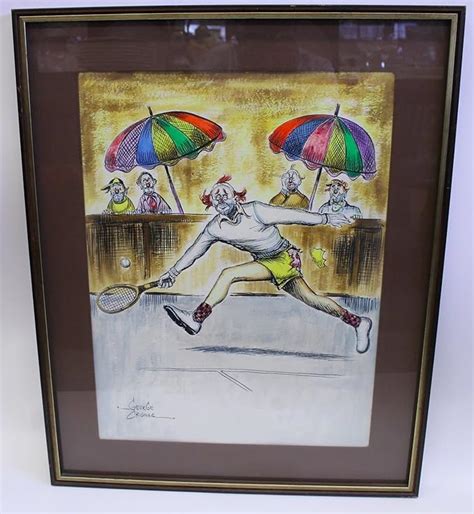 Comical Original Signed George Crionas Clown Playing Tennis Watercolor